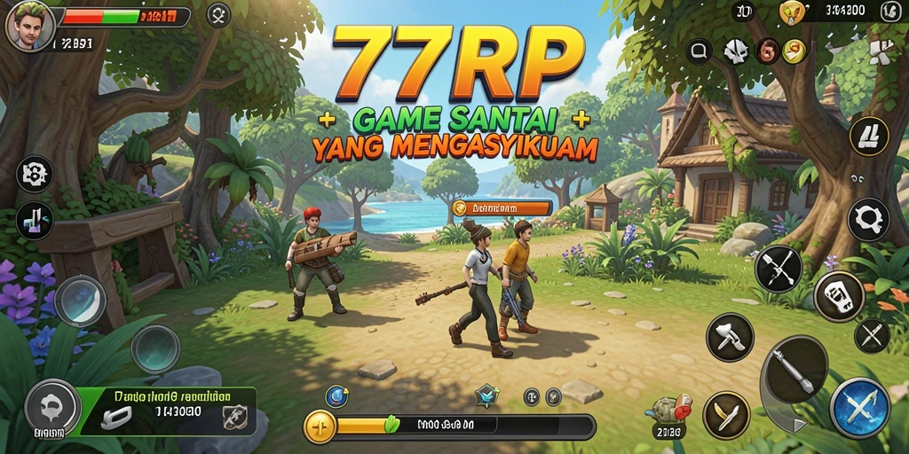 Tangkapan layar gameplay 77RP yang ceria dan penuh warna.