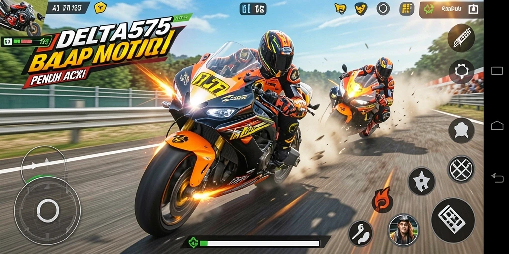 Screenshot gameplay DELTA575 menampilkan aksi balap motor yang mendebarkan.