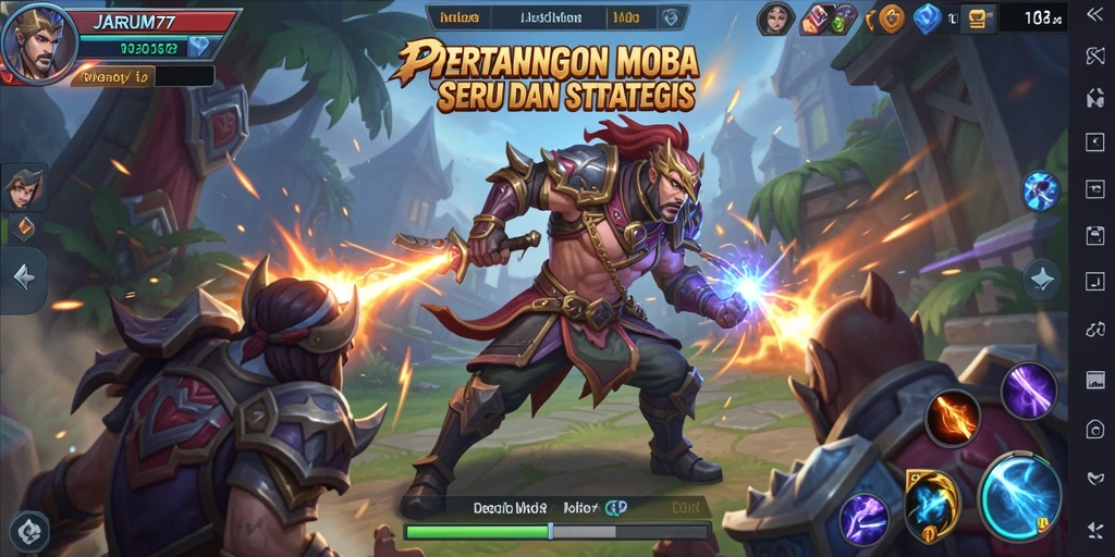Tampilan gameplay seru di JARUM77 dengan aksi MOBA yang mendebarkan.