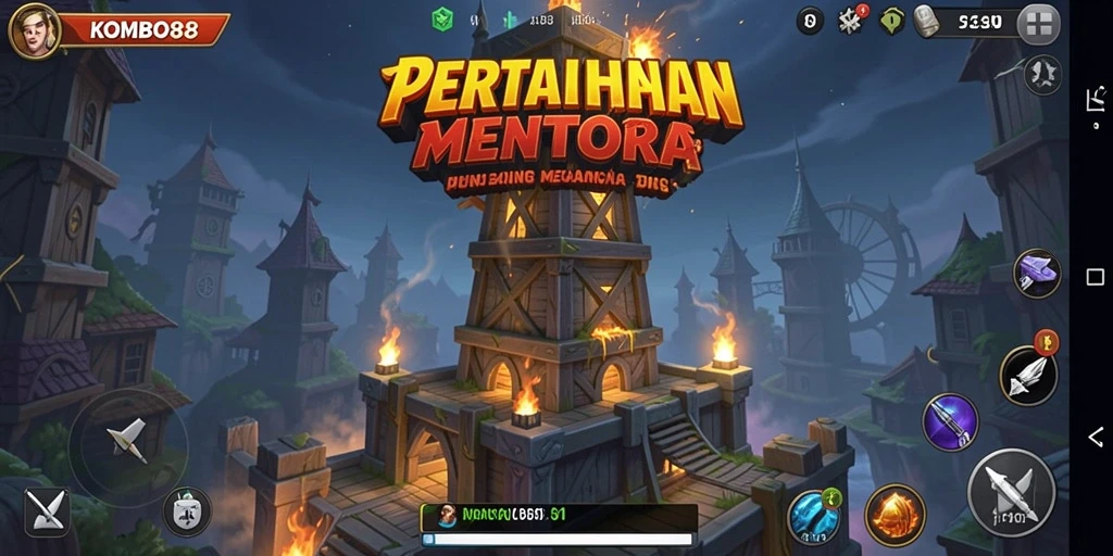 Tampilan gameplay seru dari KOMBO88 saat mempertahankan menara.