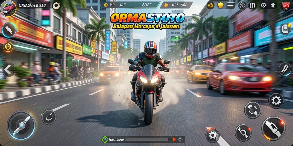 Gameplay seru ORMASTOTO dengan balapan motor yang mendebarkan.