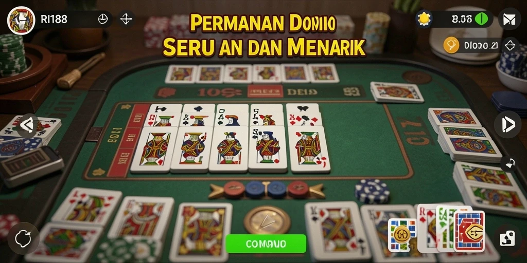 Tampilan dinamis gameplay domino di RI188 dengan pemain berinteraksi.